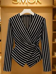 GlowEve CURVE 大码女式优雅商务通勤条纹交叉 V 领裹腰长袖衬衫，秋冬 - 黑色 - 查看 1