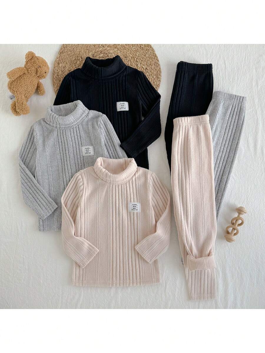 Loomiva Set de 6 piezas Suéter de cuello alto de manga larga y pantalón de cintura elástica con diseño jacquard suave para niño pequeño - Multicolor - Ver 1