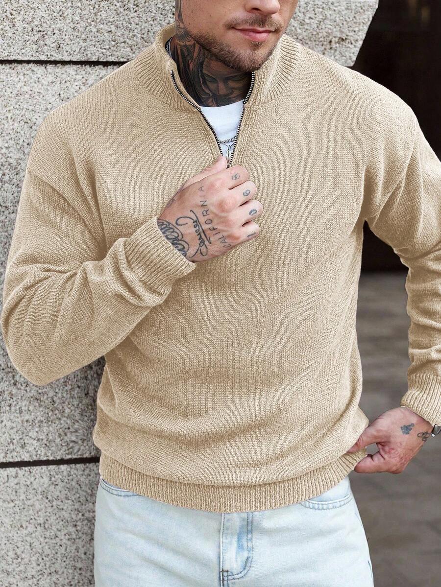 Manfinity Homme Suéter de cuello alto de unicolor con cremallera de cuarto para hombre, otoño/invierno - Caqui - Ver 1