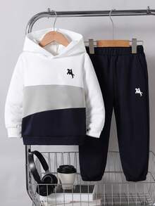 Vacaura 2 Stücke Jungen Lässig Kapuzen Patchwork Sweatshirt und Kordelzug Jogginghose Set - Verschiedenfarbig - Übersicht 5