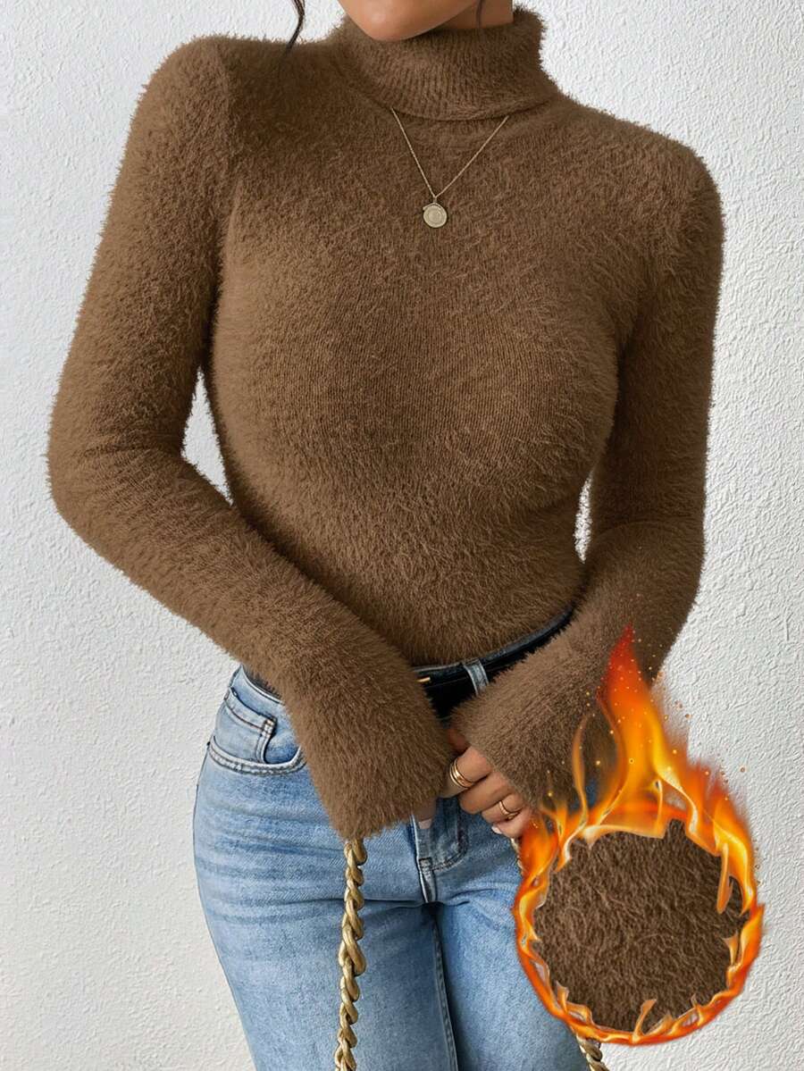 SHEIN Essnce 冬季女士保暖绒毛毛衣,绒面针织打底修身高领长袖保暖内搭套头衫 - 棕色 - 查看 1