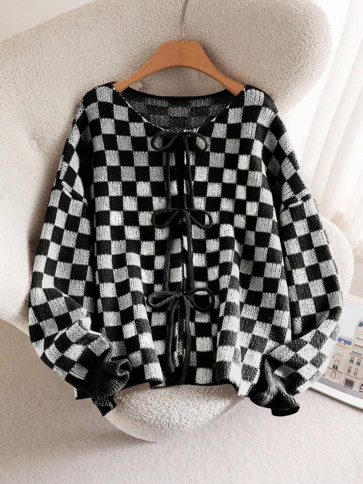 CosyJoli Plus Size Women Casual Checkerboard Lace-Up Cardigan, Autumn/Winter - Black and White - View 6