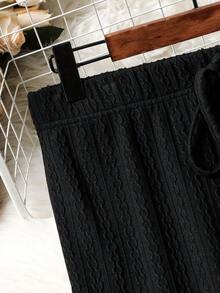 Lacomfia Plus Size Black Textured Drawstring Waist Casual Pants - Black - View 4