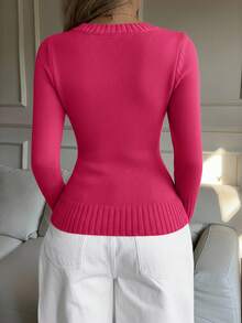 SHEIN Tall CURVE 大码女式骑士图案长袖V领毛衣，秋冬款 - 玫紅色 - 查看 2