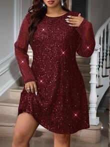 Reflora Đầm thời trang thanh lịch cổ tròn tay dài hở lưng màu trơn cỡ lớn cho nữ - Màu Đỏ Sâu - Xem 3