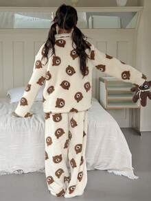 DAZY 少女熊印花保暖睡衣套装，冬季 - 杏色 - 查看 3