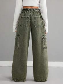 Tween-Mädchen Stilvolle Vintage Stonewashed Oversized Grüne Denim Cargo Jeans für Herbst/Winter Alltagskleidung, Streetwear, Weihnachten, Neujahr, Thanksgiving, Modisch