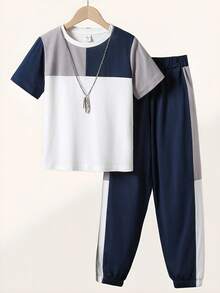 SHEIN Vacaura Boys Colourblock Tee & Joggers - Navy Blue - View 2