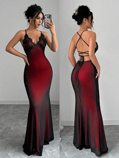 Rafferiza Petite V-Neck Color-Blocked Lace Backless Cross-Strap Mesh Fabric Fishtail Hem Fitted Halter Dress Women's Long Dress Elegant Women's Dress Women's Red Dress Women's Black Dress Elegant Women's Dress Women's Party Dress New Year's Dress