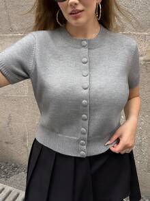 SHEIN EZwear 大码纯色时尚圆领短袖外套 - 灰色 - 查看 8