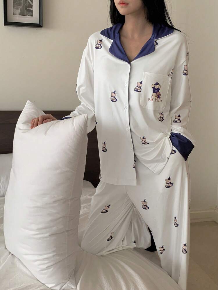 Cute Bear Print Contrast Color Design Women Pajama Set