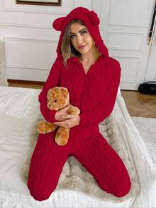SHEIN Women's Animal Hooded Teddy Bear Embroidery Jacquard Plush Pajamas Romper, Fluffy Winter - Red - View 4