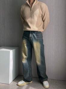 DAZY Men's Zip-Up Partial Placket Apricot Sweater, Autumn/Winter - Apricot - View 6