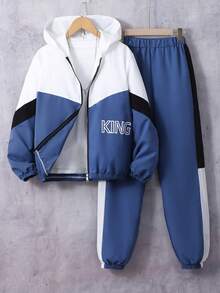 Vacaura 2 件套青少年男童休闲运动连帽夹克和抽绳下摆裤套装，春/秋/冬 - 淺藍色 - 查看 6