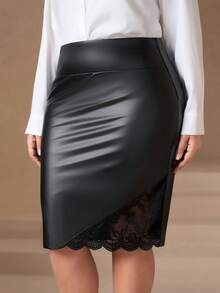 Chikora 这款时尚优雅的黑色纯色PU皮铅笔裙，饰有蕾丝边，适合各种场合，2025新款，适合冬季、秋季、外出、穿着，也可搭配风衣。它既适合冬季，也适合秋季大码女性，适合办公室穿着，适合秋季女性，适合优雅女性，适合秋季女性，适合复古女性。 - 黑色 - 查看 4