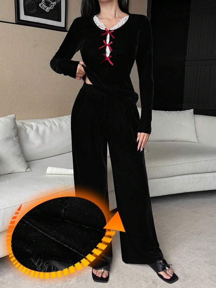 Women's Velvet Bow Lace Trim Sleepwear Set, Autumn/Winter