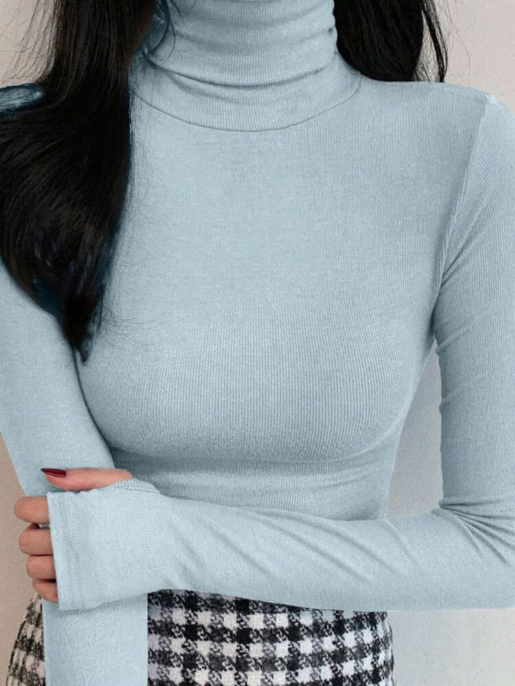 Women's Solid Color Long Sleeve Casual Turtleneck Slim Fit Base Layer T-Shirt
