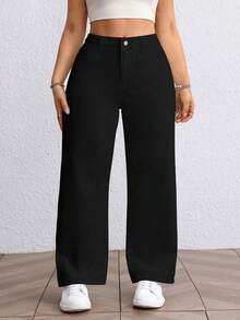 SHEIN EZwear 大尺碼女款無彈力黑色寬鬆直筒牛仔褲，休閒常規高腰寬腿牛仔褲，夏季款 - 黑色 - 查看 3