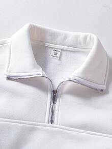 Áo nỉ tay dài dáng rộng, cổ kéo khóa nửa thân, phong cách thường ngày dành cho bé gái tuổi teen. - trắng - Xem 6