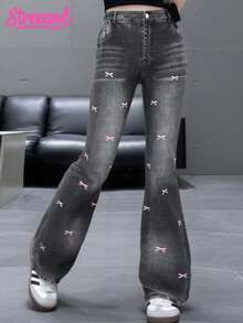 SHEIN ChillGRL Teen GirlFashion Personalized All-Season Versatile Black Applique 3D Embroidery, Distressed, Flared, High-Stretch Denim Jeans - Dark Grey - View 6