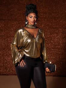 Maweii Blusa holgada de manga farol con parches de tela metálica y malla transparente de talle alto para mujer de talla grande, elegante para fiestas y banquetes - Dorado - Ver 1