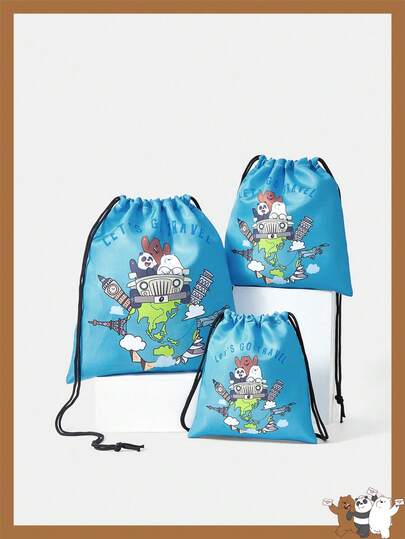 We Bare Bears X SHEIN 卡通字母印花旅行束口袋，多尺寸收纳袋