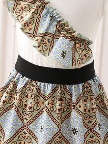 2 Stücke/Set Baby Mädchen Sommer Neu Rundhals Ärmellos Weste Top mit Blumen Rüschen Saum & Plissee Dekoration, kombiniert mit vintage Blume Muster A-Linien Rock, elegantes Outfit - Verschiedenfarbig - Übersicht 6