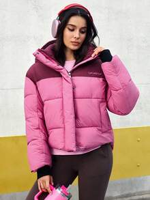 SHEIN Core Rhythm Áo khoác thể thao nữ có mũ, phối màu, dày dặn, màu hồng cánh sen, kiểu dáng thời trang, áo khoác phồng mùa đông cho nữ. - Màu Hồng Tươi - Xem 5