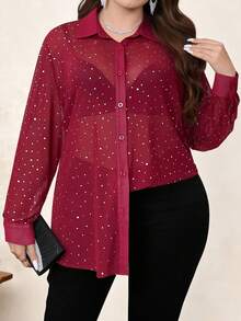 SHEIN Clasi 大码女士时尚性感半透明纽扣长袖衬衫 - 紅色 - 查看 1