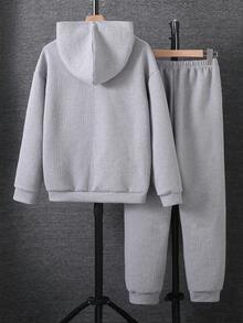Vacaura 2pcs/Set Teenager Male Grey Textured Fabric English Embroidered Hoodie And Sweatpants,Casual Sporty Back-To-School Autumn Streetwear White Graduation - Multicolor - View 2