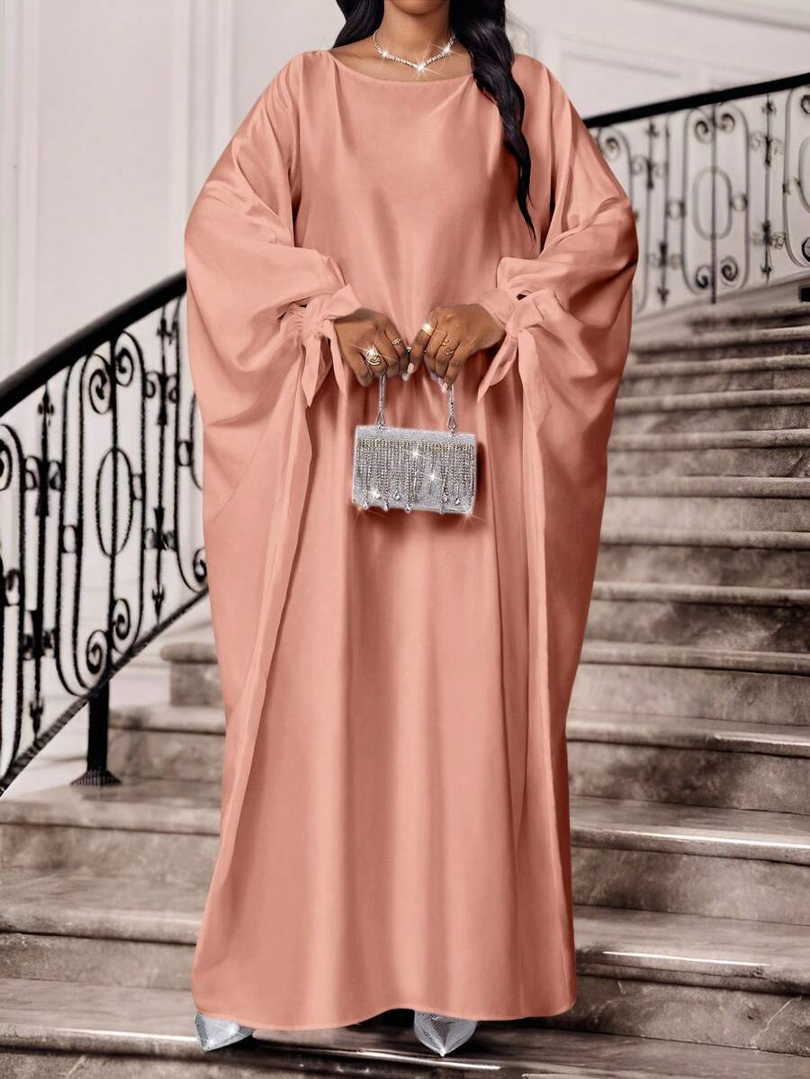 SHEIN Lady 秋冬优雅通勤办公室端庄婚礼白色梭织缎面圆领舞会礼服蝙蝠袖系带束腰连衣裙长袖加大码连衣裙 - 藕粉色 - 查看 1