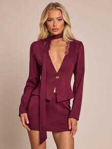 SHEIN Glamour Áo khoác blazer nữ cổ chữ V sâu không đều màu đỏ tía phối ren chắp vá thắt lưng xòe họa tiết trang trí thanh lịch kết hợp chân váy chữ A, bộ vest đỏ tía, thích hợp cho tiệc cocktail, hẹn hò, đi làm - Màu Đỏ Sâu - Xem 5