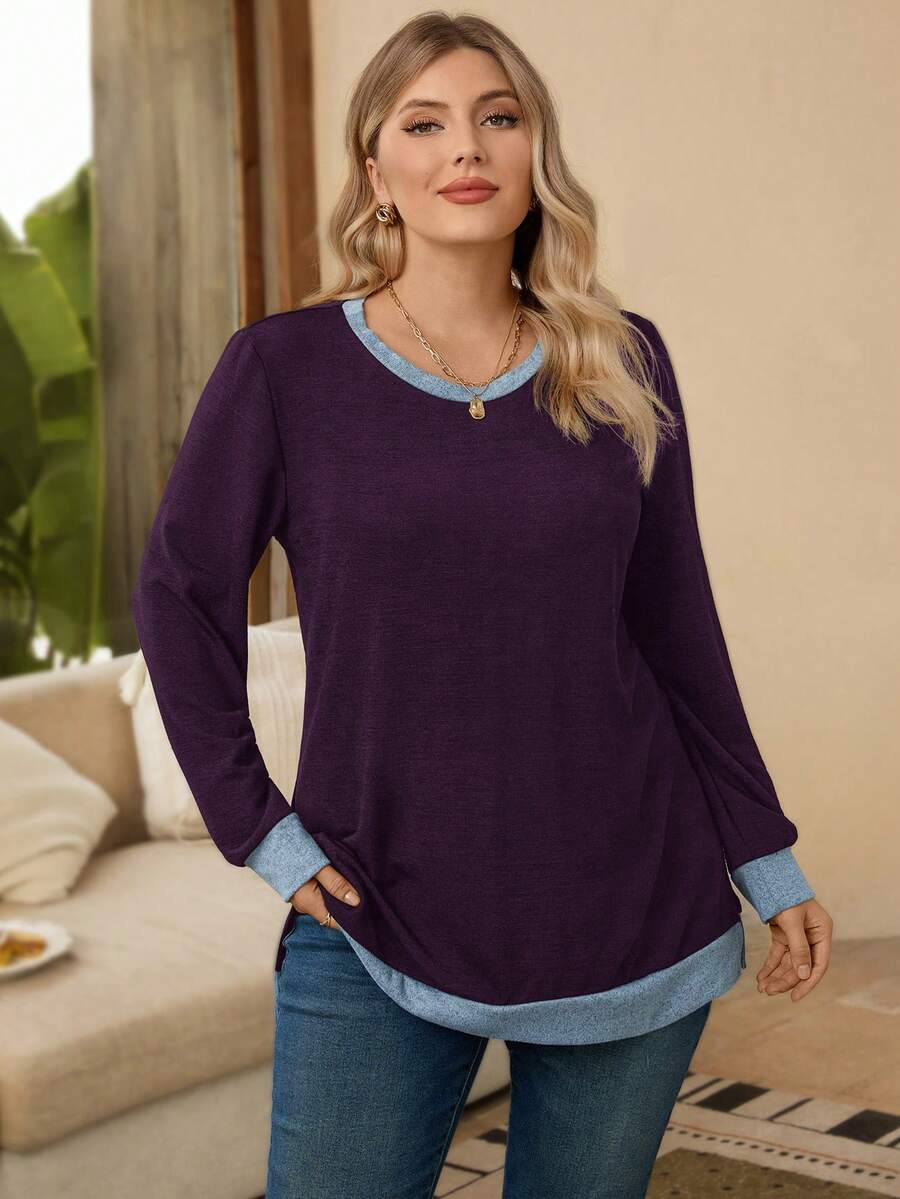 EMERY ROSE 加大码女式撞色圆领长袖休闲宽松卫衣 - 紫色 - 查看 1