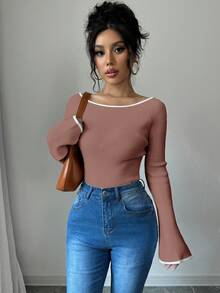 EURMUSE Áo len dài tay cổ tròn viền màu ôm sát tay loe cho nữ - Bụi hồng - Xem 7