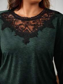 SHEIN Frenchy Plus Size Lace Patchwork Contrast Color Round Neck Casual Long Sleeve T-Shirt Spring To Summer - Dark Green - View 6