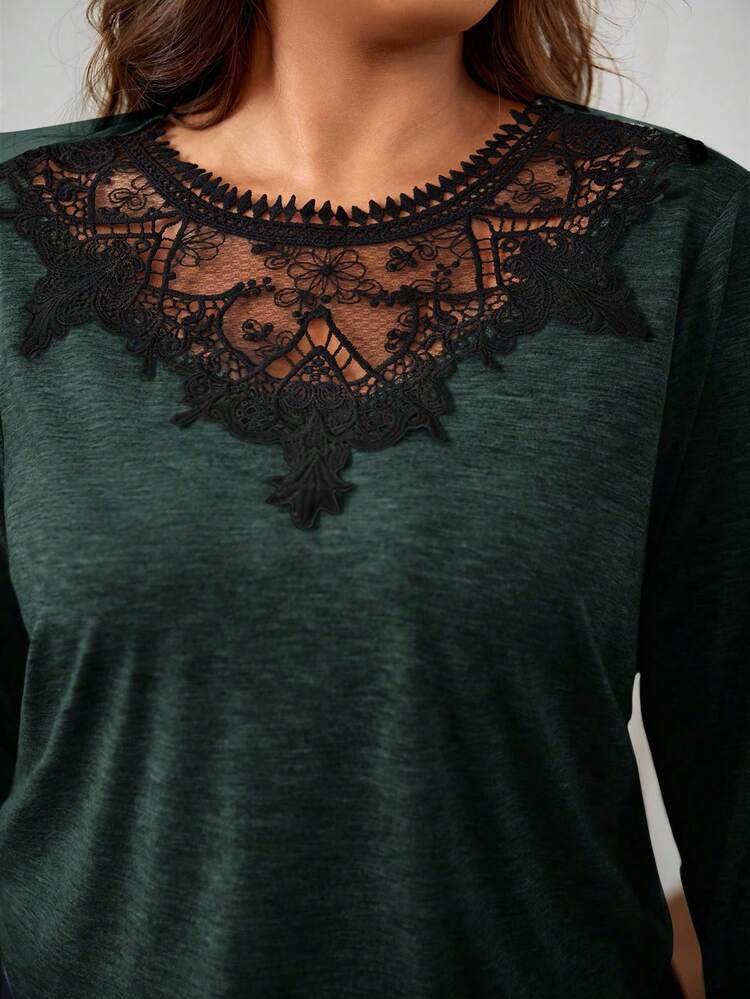 Plus Size Lace Patchwork Contrast Color Round Neck Casual Long Sleeve T-Shirt Spring To Summer