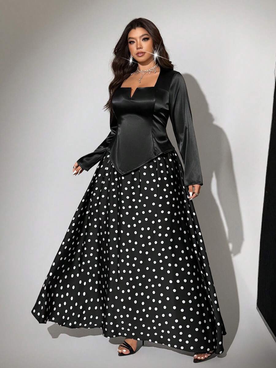 Viva Relle Plus Size 2 Pieces Set: Sexy Square Neck Long Sleeve Top & Polka Dot Print Skirt - Black - View 1