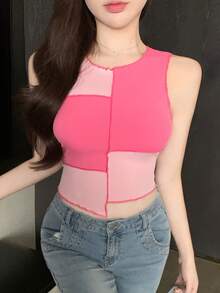 DAZY Ladies' Color Contrast Splice Sleeveless Top Tank Tops - Pink - View 4