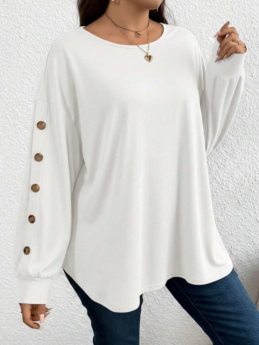 SHEIN LUNE Koszulka damska w jednolitym kolorze, luźna, z długim rękawem i dużym rozmiarem