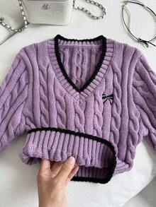 SHEIN 少女蝴蝶结刺绣V领长袖休闲毛衣，秋冬季 - 紫色 - 查看 7