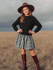 Emery Rose Kids 少女撞色长袖休闲连衣裙、校服、卫衣裙，适合秋冬季节穿着，包括万圣节、返校节等场合。秋季服装、婴儿秋季服装、儿童秋季服装、秋季套装、秋季连衣裙、秋季上衣、秋季毛衣。棕色连衣裙、姐妹格子百褶裙、少女棕色半身裙、秋季服装、少女校服套装、青少年女孩套装、少女校服。 - 黑色 - 查看 4