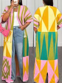 Slaydiva 2025新款加大码时尚粉色几何图案拼接流苏女式长款开衫，适合圣诞节/新年休闲穿着/舒适的秋冬季节穿着/感恩节穿着/通勤机场穿着/70年代街头风 - 彩色 - 查看 5