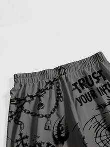 ROMWE Grunge Punk Spring/SummergraphicblackPunk Skull Chain Eye Print Plus Size Loose Fit Wide Leg Pants, Vintage Gray - Black - View 4
