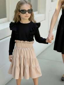 Elladie kids Young Girl Countryside Style Comfortable Mid-Length Linen Skirt - Apricot - View 3