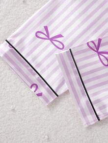 2pcs Women & Teen GirlElegant Plaid Satin Fabric Cardigan & Pants Casual Comfortable Pajama Set Purple Pajamas Set Teen Girls Pajamas-Pajama Set Notch Collar Long Sleeve Top With Bow Print Striped Lounge Pants Light Purple Piped Trim Home Wear All Season 2026 New Year Essential - Purple - View 7
