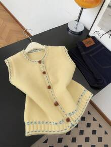 INAWLY Women's Casual Loose Knit Vest With Single-Breasted, Round Neck, Autumn