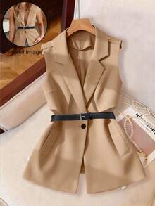 GlowEve CURVE Plus Size Women's Formal Sleeveless Fashion Business Blazer Jacket - Khaki - View 4