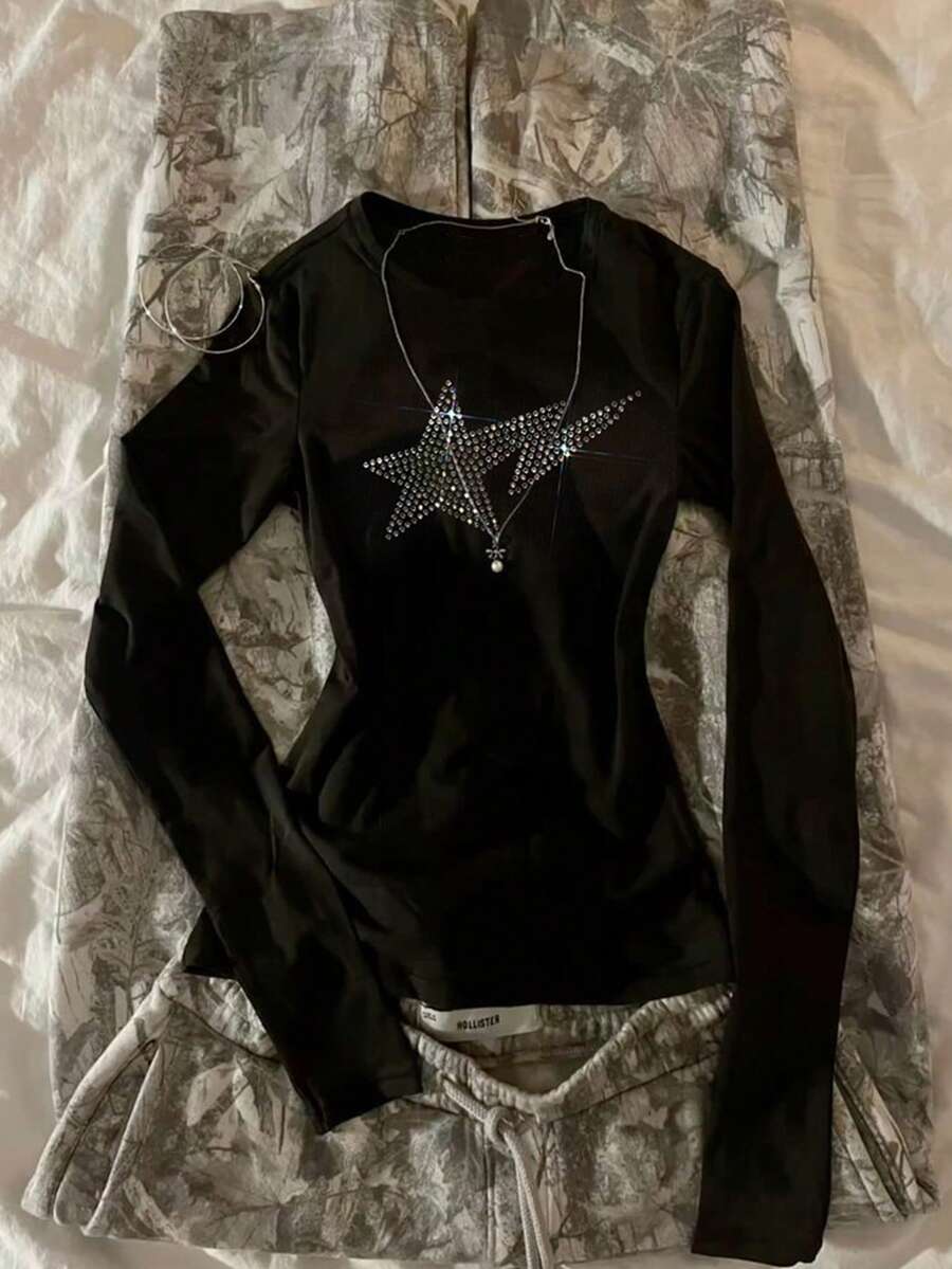 INAWLY Star Rhinestone Decor Minimalist Women Long Sleeve Crew Neck T-Shirt, Gift For Friends - Black - View 1