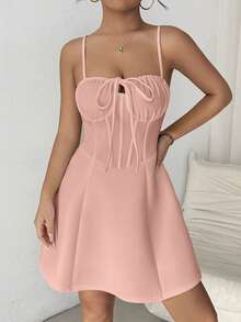 Chiquease Women's Solid Color Ruffle Front Tie Casual Spaghetti Strap Dress, Summer - Pink - View 6