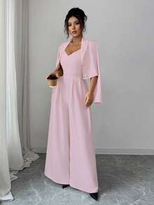 Elenzga 新款女式梭织面料细肩带露背可调节肩带阔腿连体裤，缺口领长袖夹克，通勤百搭优雅年轻女士两件套，秋冬 - 粉色 - 查看 4